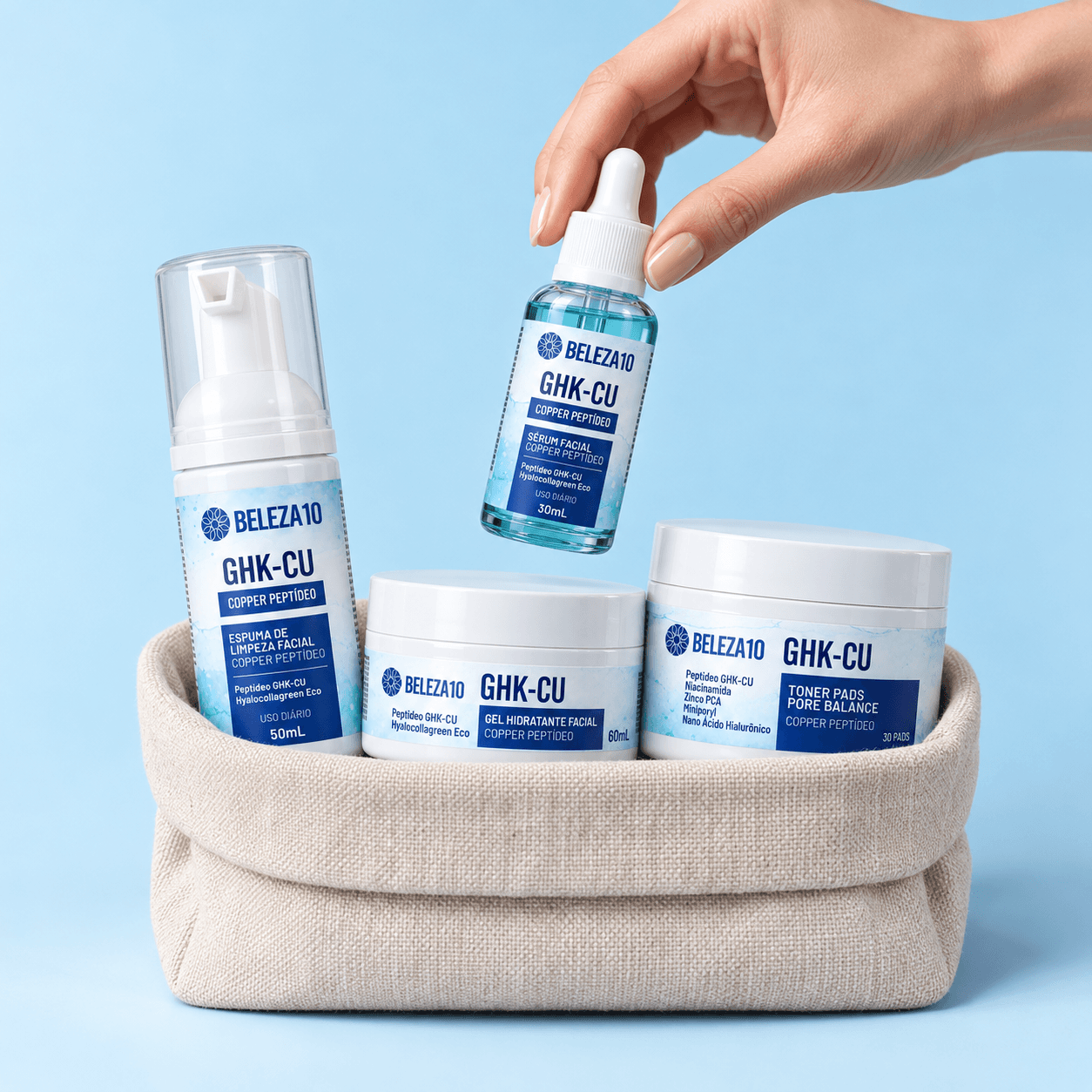 Kit completo de skincare GHK-Cu Beleza10 com espuma, toner pads, sérum e gel hidratante